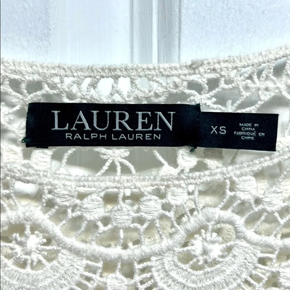 Ralph Lauren Black Label Cream Short Sleeve Cotton Crocheted MIDI Dress Size XS